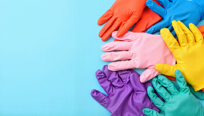 Fototapeta premium Colorful rubber gloves arranged in a circular pattern on a vibrant blue background, representing sanitation and waste management, concept of medical waste disposal or cleaning services