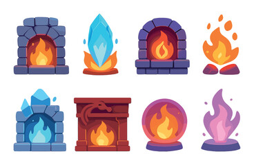 Fire element flat icon set. crystal, fireplace, flame, firepit, icefire, dragonfire, orb, purple flame.