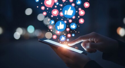 Hands using a tablet, surrounded by glowing social media likes and reactions.