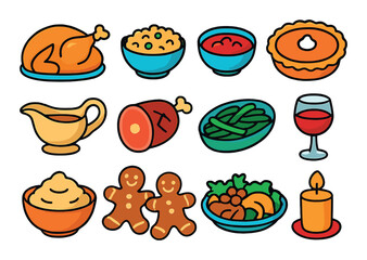 Thanksgiving dinner flat icon set. featuring turkey, pie, gravy, green beans, wine, salad, and candle symbols.