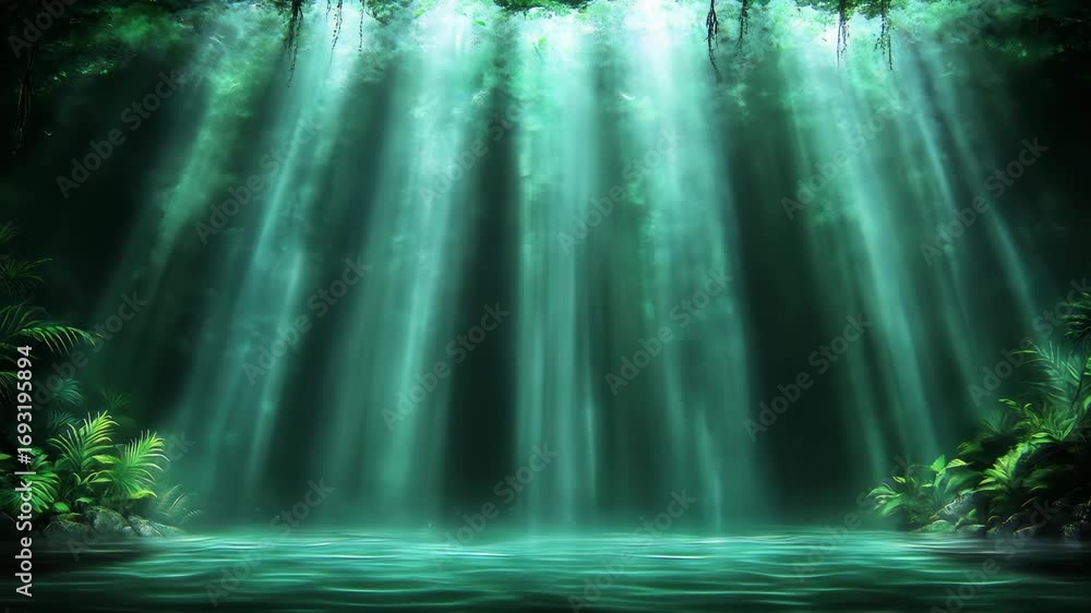 Poster enchanted forest stream: ethereal light rays illuminating tranquil waterscape