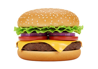Isolated hamburger with cheese, beef patty, lettuce, tomato, onion and sesame seed bun