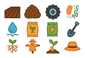 Agriculture linear icon set. featuring field, fertilizer, gear, bacteria, water, seedling, and shovel symbols.
