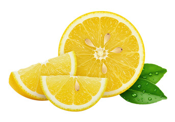Isolated Lemon slices with leaves, nutritious citrus fruit with droplets, refreshment snack