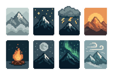 Nature and weather pixel art icon set. featuring mountain, night, sunset, campfire, moon, storm, aurora, wind.