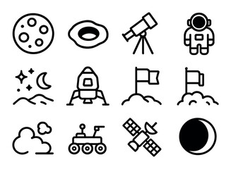 Space exploration linear icon set. featuring moon, crater, telescope, astronaut, stars, rocket, flag, rover, satellite.