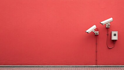 Two security cameras mounted on a vibrant red wall