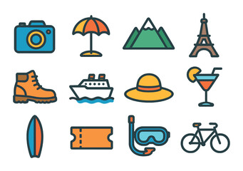 Travel and leisure flat icon set. featuring camera, umbrella, mountain, tower, boot, ship, hat, cocktail, surfboard, ticket, goggles, bicycle.