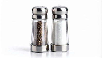 Stainless steel salt and pepper shakers filled with seasonings on a white surface
