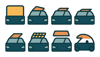 Automotive roof options silhouette icon set. featuring flatbed, standard, sunroof, and convertible cars.