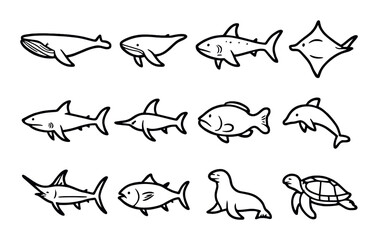 Marine life silhouette icon set. featuring whale, shark, fish, dolphin, sea turtle, and seal symbols.