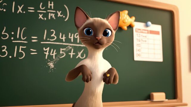 Animated cat character engages with chalkboard math equations, illustrating problem-solving process while showcasing playful expressions and vibrant classroom environment