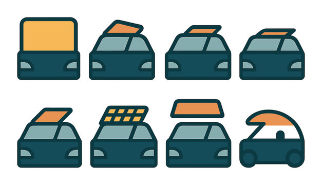 Automotive roof options silhouette icon set. featuring flatbed, standard, sunroof, and convertible cars.