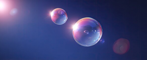 Two iridescent soap bubbles float against a deep blue backdrop, illuminated by a bright light source, showcasing intricate light reflections and lens flares.