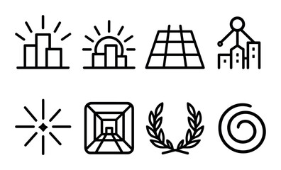 Architecture linear icon set. featuring skyline, sunrise, floor plan, construction, blueprint, symmetry, laurel, vortex..