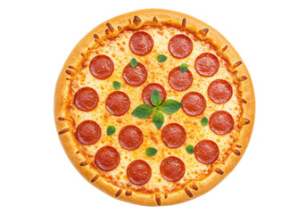 Isolated pepperoni pizza, traditional Italian recipe with meat topping and fresh basil garnish