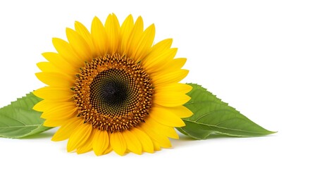 Obraz premium Close-up studio shot of a vibrant sunflower with green leaves, isolated on white.