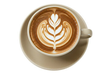Isolated latte art beverage close up view in beige mug, coffee drink with foam pattern