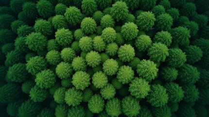 Stunning aerial view of a vibrant green forest canopy, showcasing a mesmerizing concentric pattern of lush trees. Nature's abstract beauty and orderly growth design.
