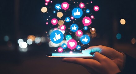 A person holding a smartphone, interacting with floating social media icons, representing online engagement.