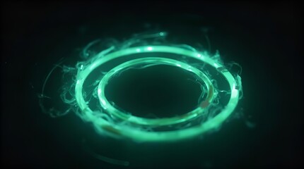 Futuristic Glowing Teal Energy Rings on Dark Background, Abstract Sci-Fi Portal Effect with Ethereal Light and Smoke, Digital Technology Concept