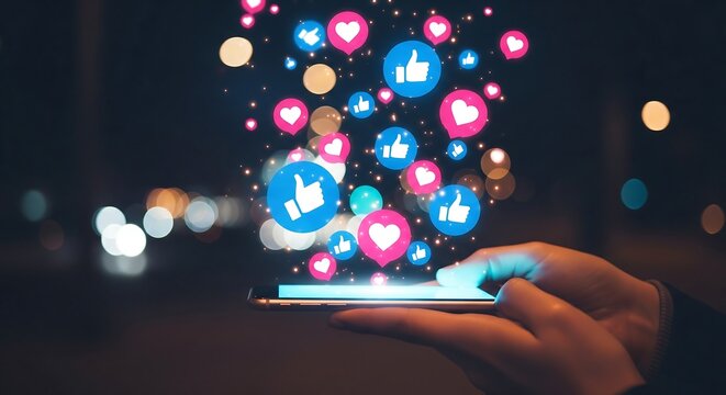 A person holding a smartphone, interacting with floating social media icons, representing online engagement.