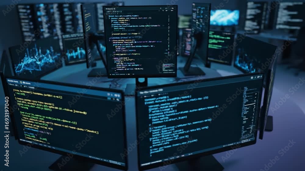 Poster multiple computer monitors display colorful programming code, data analytics, and graphs dark modern
