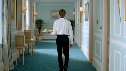 Hotel Room Service Attendant Walking in a Quiet Hotel Hallway
