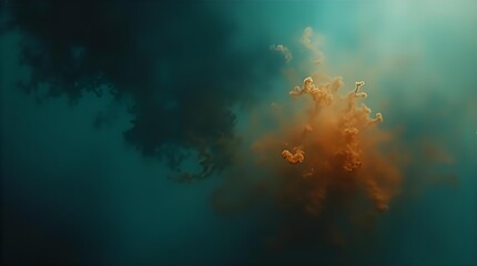 Captivating abstract fluid art underwater image featuring vibrant orange and brown pigment dispersing in deep teal water, forming an ethereal cloud background texture.