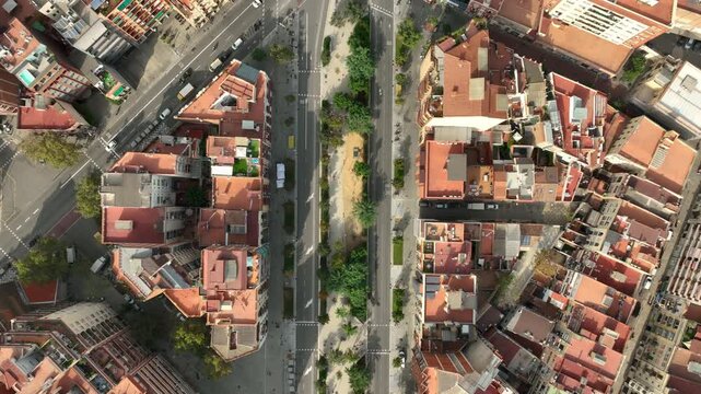 sunny day time barcelona city center famous blocks traffic street aerial topdown panorama 4k spain