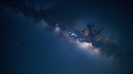 Fototapeta premium Majestic Milky Way galaxy glowing brightly in the dark blue night sky with myriad stars, cosmic dust, and nebulae. A stunning deep space astrophotography.
