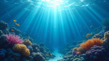 Vibrant underwater coral reef with sun rays, colorful marine life, tropical fish, and a sandy seabed. Deep blue ocean, natural beauty, serene aquatic scene.