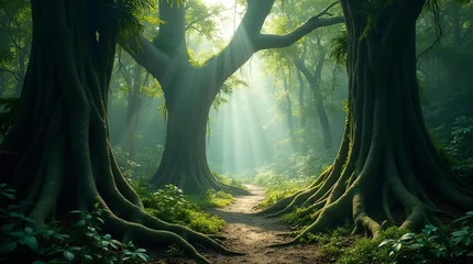 Stickers Meisjeskamer Mystical forest path bathed in ethereal sunbeams, winding through ancient trees with exposed roots and vibrant green undergrowth. A serene nature landscape.  © TShirt Empire