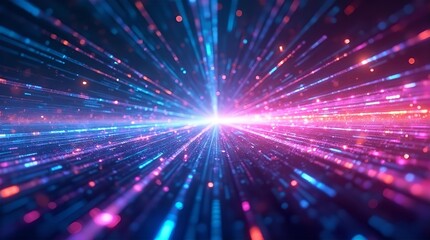 Obraz premium Dynamic futuristic abstract background with vibrant glowing blue and pink digital light streaks, representing high-speed data flow, technology, and global internet connectivity