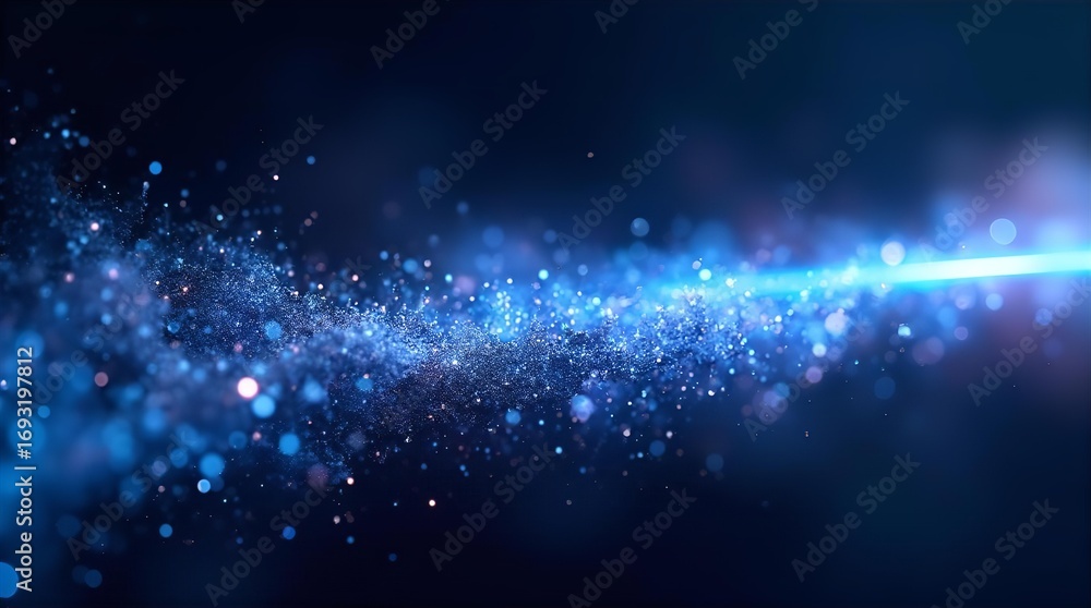 Poster vibrant blue light streak abstract background with shimmering bokeh particles and dynamic energy flo