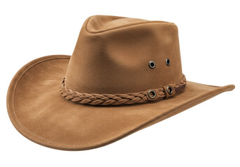 Isolated suede leather cowboy hat with braided band is shown from a high angle view