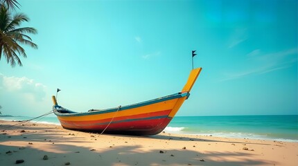 Vibrant longtail boat on a pristine tropical beach with turquoise ocean and clear blue sky Ideal for serene travel vacation and paradise imagery