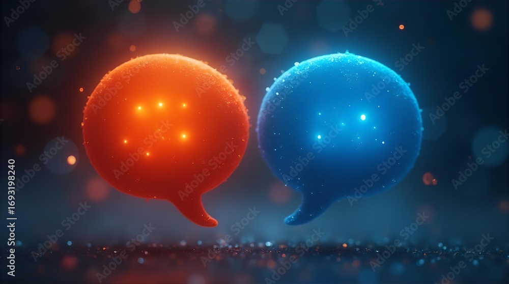 Poster dynamic glowing orange and blue fuzzy speech bubbles symbolizing digital communication, ai dialogue,