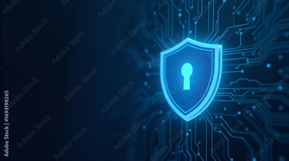 Poster glowing blue shield with keyhole on dark circuit board background digital cybersecurity data protect