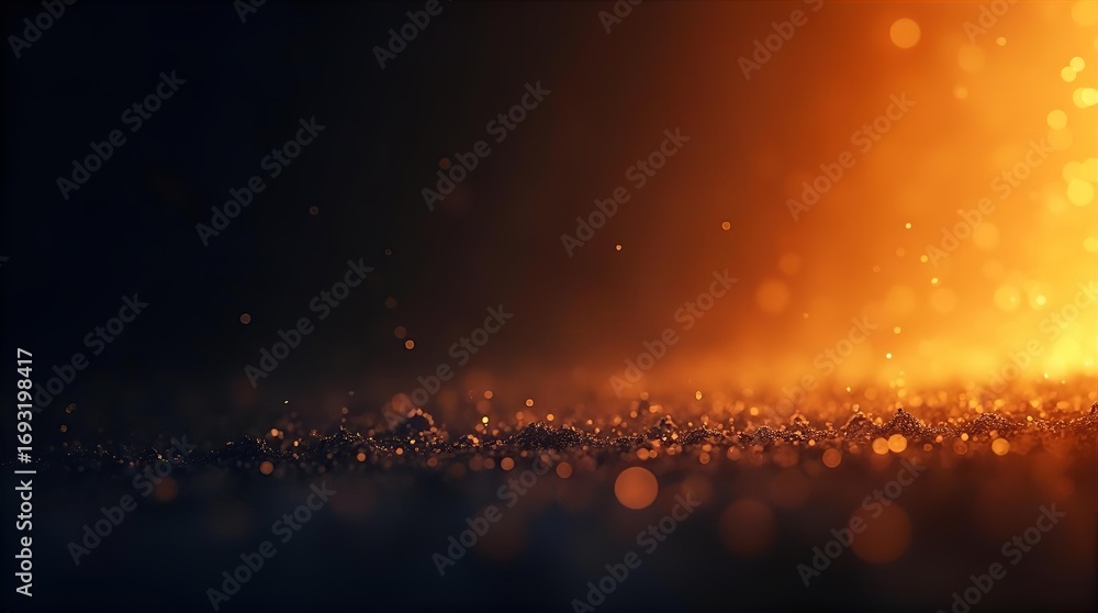 Poster abstract glowing golden orange particles on a dark textured surface with warm bokeh light. festive m