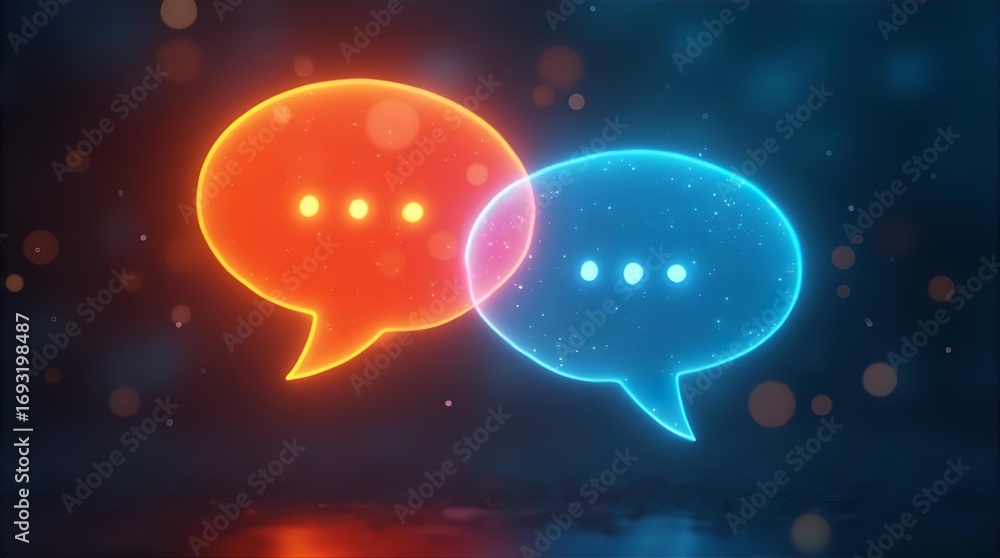 Poster glowing neon orange and blue speech bubbles overlapping on a dark background with bokeh lights repre