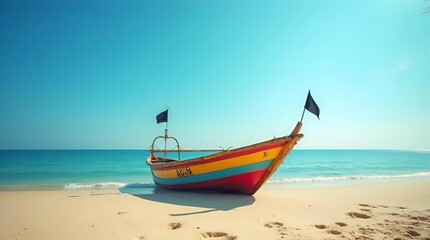 Fototapeta premium Vibrant rainbow colored fishing boat with black flags on a pristine sandy tropical beach. Calm turquoise ocean and clear blue sky create a serene coastal paradise seascape.