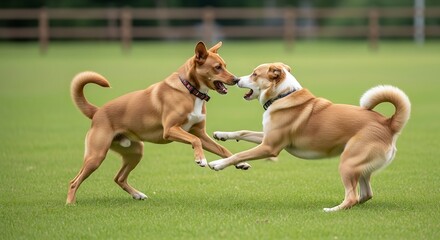 Two dogs playing in a grassy field.