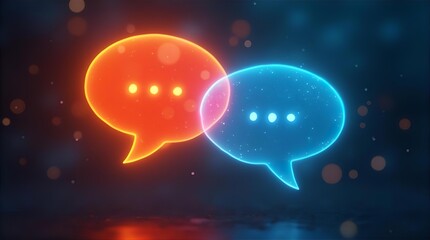 Glowing neon orange and blue speech bubbles overlapping on a dark background with bokeh lights representing digital communication and online chat dialogue