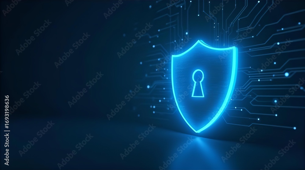 Poster vibrant blue neon shield keyhole icon symbolizing cybersecurity data protection and secure network t