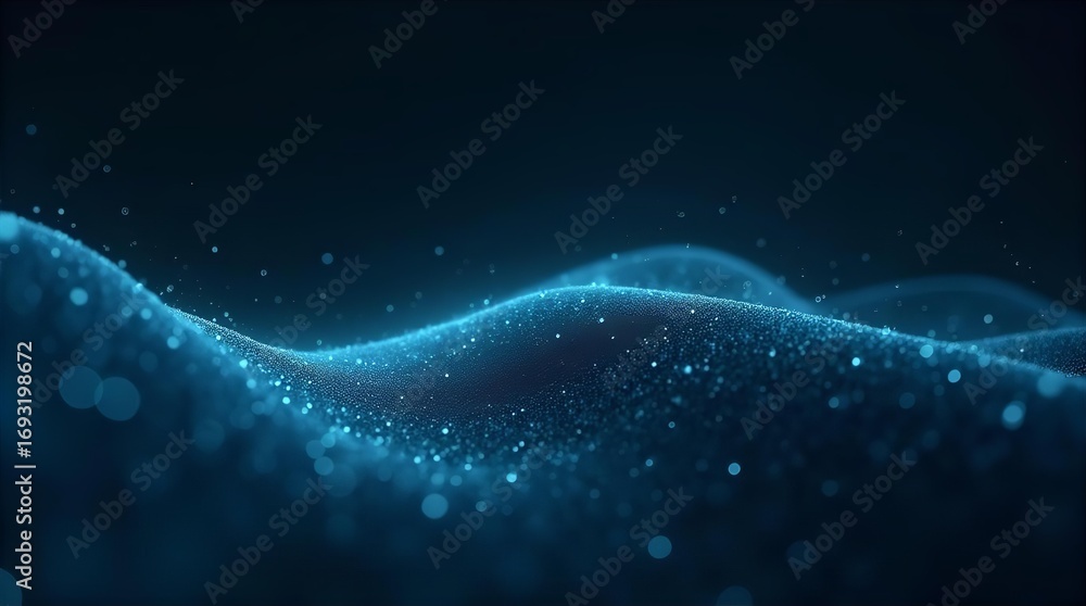Poster abstract blue digital waves with glowing particles and bokeh effects on a dark background, represent