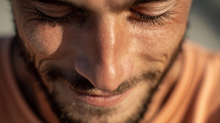 Close-up of a Man's Face Smiling with Eyes Closed in Golden Light