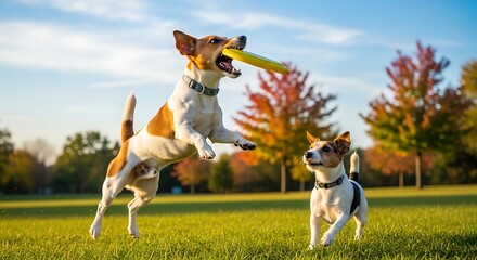 Two energetic dogs playing fetch in a park during autumn.