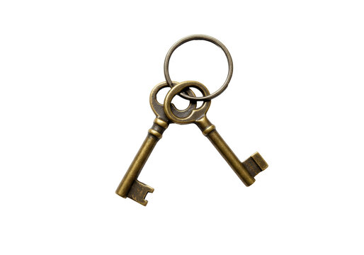 Isolated antique keys on a ring old fashioned objects vintage design metallic style open lock - Powered by Adobe