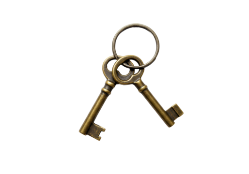Isolated antique keys on a ring old fashioned objects vintage design metallic style open lock